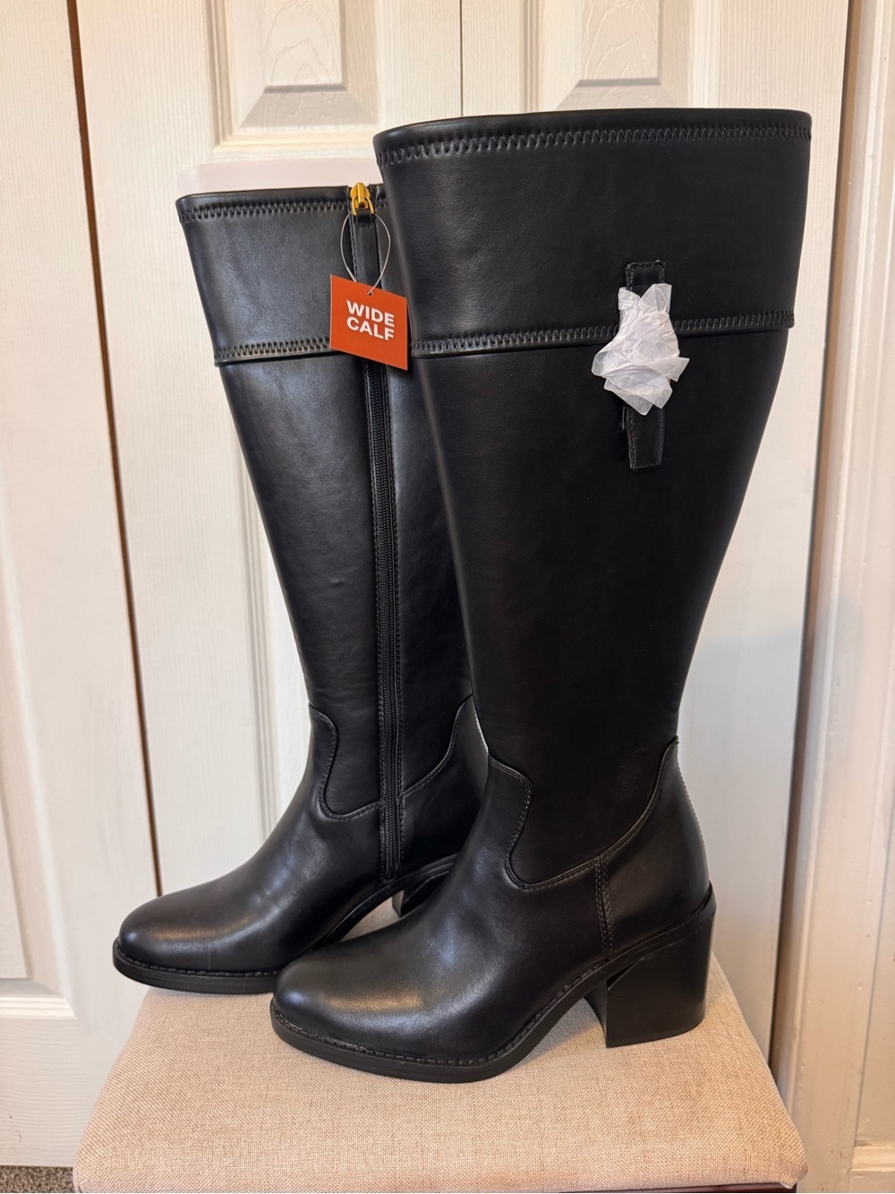 Franco Sparto Women Black Wide Calf Knee High Faux Leather Block Heel Boot Sz 7W - Picture 2 of 16